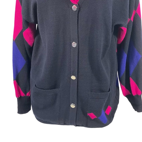 Vintage Laurel By Escada Wool Black Pink Blue Harlequin Diamond Cardigan Sz 42 - Picture 5 of 13